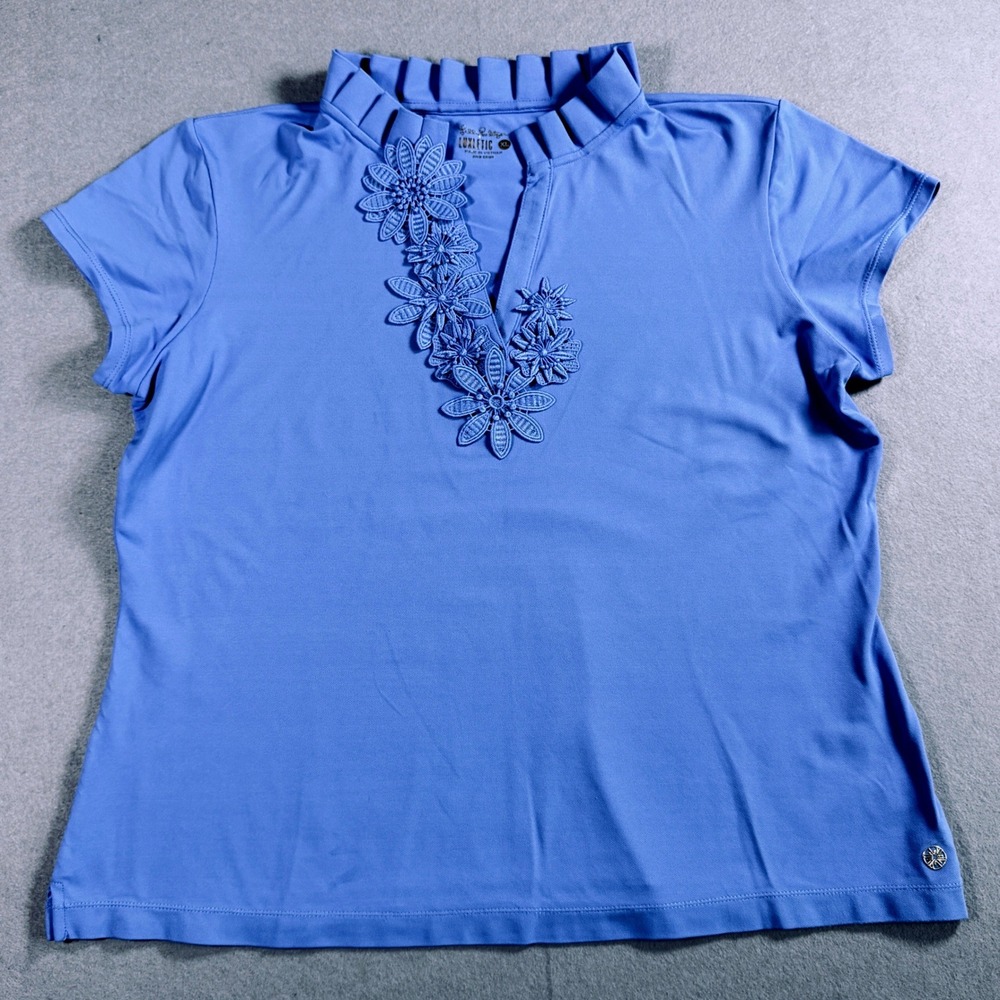 Lilly Pulitzer Luxletic Ruffle Neck Polo Top Women XL Blue Floral Lace Applique - Picture 3 of 7